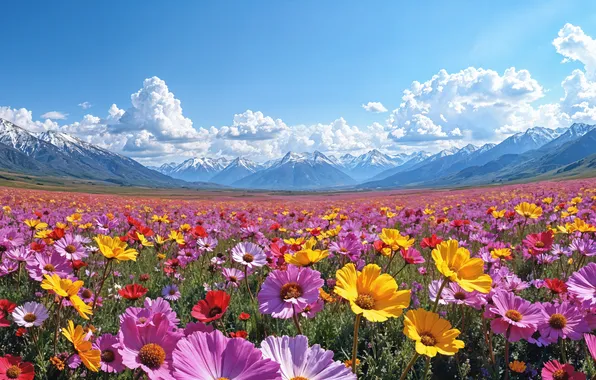 Flowers, mountains, spring, colorful, meadow, blossom, flowers, mountains