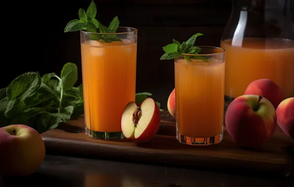 Apples, juice, glasses, digital art, AI art, neural network, the art of artificial intelligence