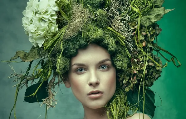 Model, beautiful girl, female portrait, a wreath of herbs