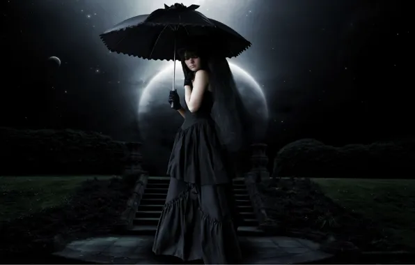 Night, umbrella, witch, the full moon, Cosplay, mourning, black magic