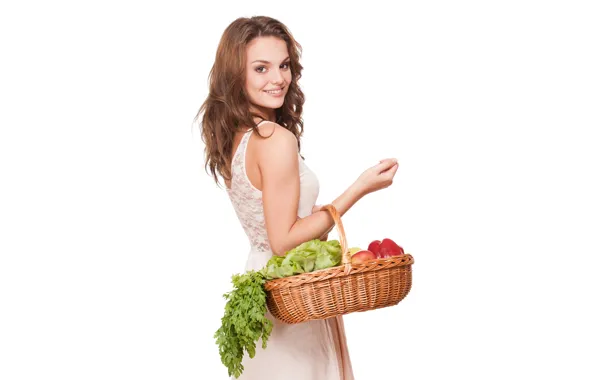 Picture greens, girl, red, apples, dress, white background, pepper, brown hair