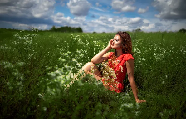 Picture summer, girl, pose, chamomile, hands, meadow, red, red dress
