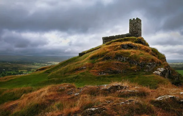 Autumn, grass, clouds, mountains, stones, castle, overcast, tower