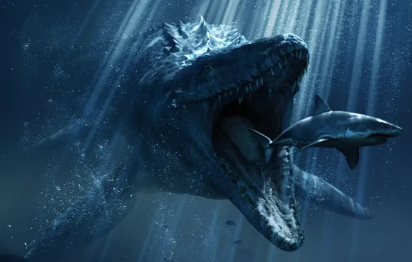 Picture shark, teeth, mouth, under water, rays of light, reptile, Jurassic world, Jurassic World