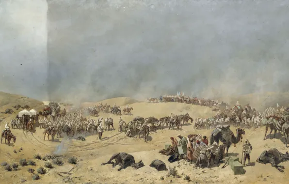 Picture desert, camels, Nikolay KARAZIN, Khiva campaign 1873, The transition of the Turkestan detachment