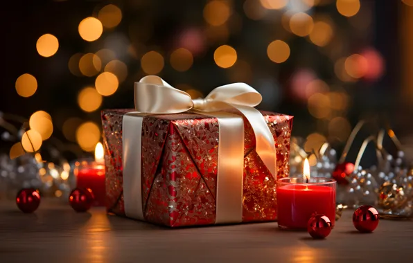 Balls, lights, table, gift, candles, Christmas, red, New year
