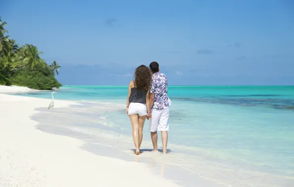 Beach, the ocean, pair, walk, two, white sand