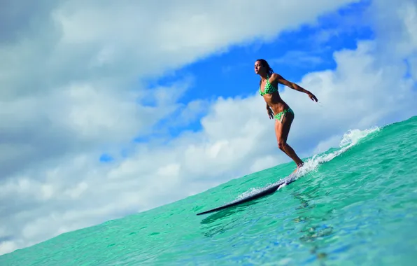 The sky, girl, clouds, the ocean, surfing, Board, surfing