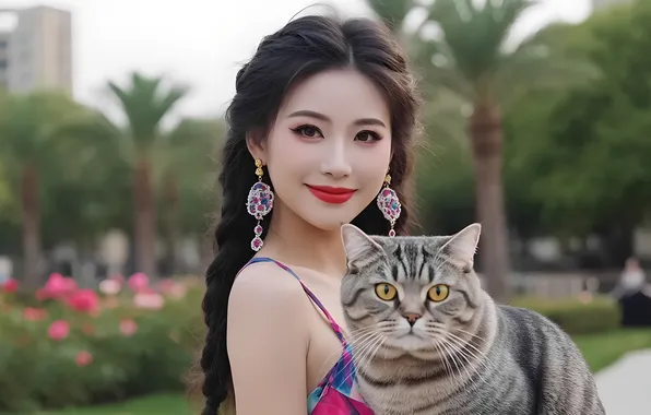 Earrings, braid, Chinese, Asian, long hair, grey cat