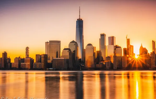 The sky, the sun, rays, sunset, river, shore, home, New York