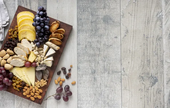 Cheese, grapes, nuts, baguette, raisins, cheese plate, Dor blue, Cheese