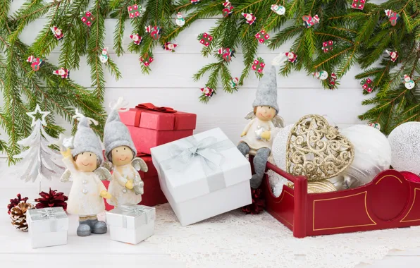 Winter, branches, holiday, ate, angels, Christmas, gifts, figures