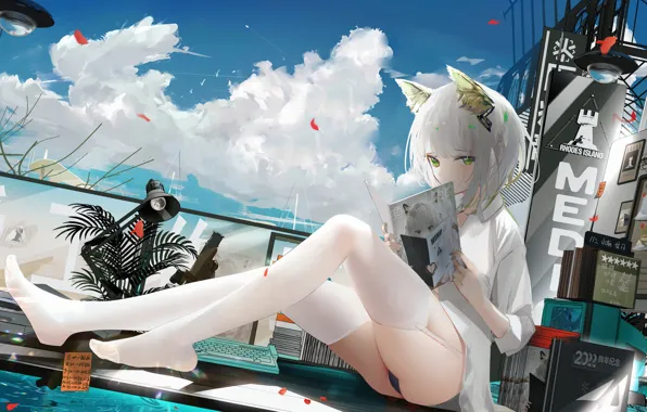 Roof, the sky, girl, pool, journal, ears, Arknights, Calcite