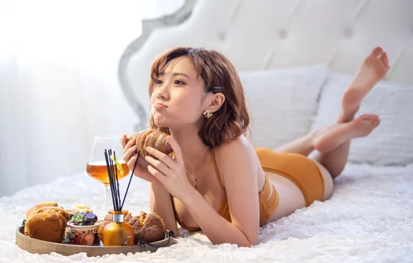 Glass, lies, legs, Asian, lingerie, buns