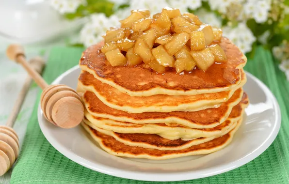 Picture apples, food, Breakfast, plate, pancakes, jam