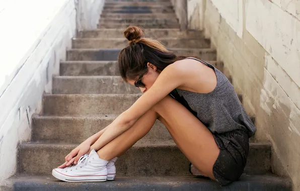 Girl, pose, sneakers, brunette, sitting