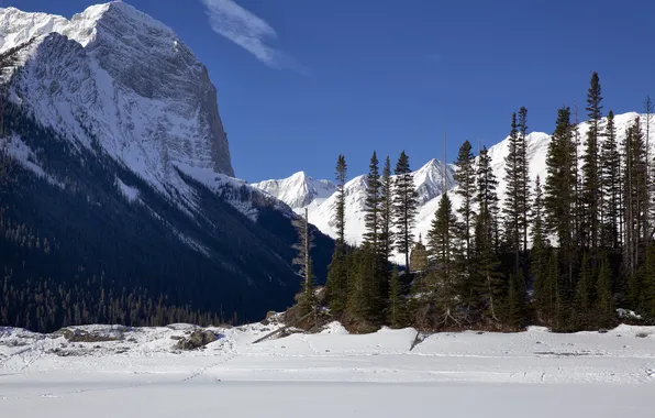 Ice, winter, the sky, snow, trees, mountains, lake, rocks