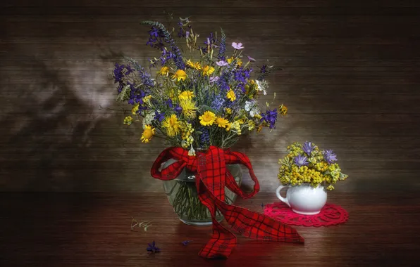 Flowers, tape, still life, bow, meadow flowers, bouquets