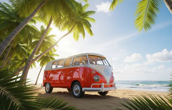 Beach, palm trees, the ocean, Wallpaper, shore, art, wallpaper, bus