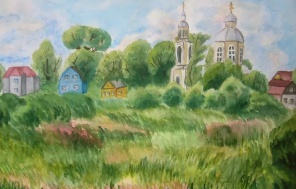 Village, home, painting, grass near the house, church