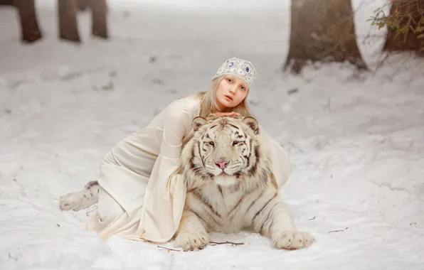 Winter, white, girl, snow, trees, nature, face, tiger