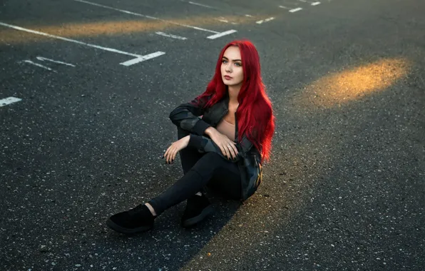 Girl, Photo, Model, Girl, Asphalt, Red, Model, Sitting