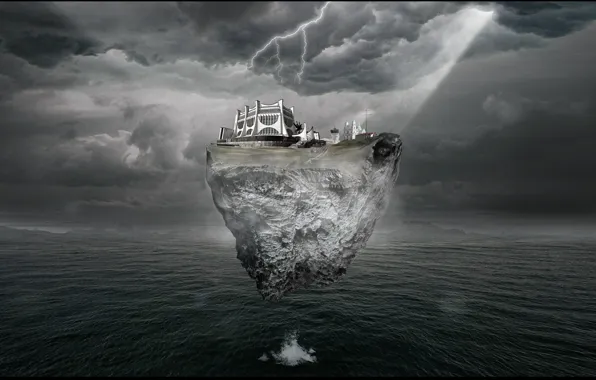 Picture sea, the sky, the city, future, fiction, lightning, island, art