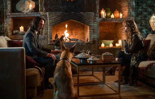 Dogs, table, castle, sofa, fire, woman, candles, male