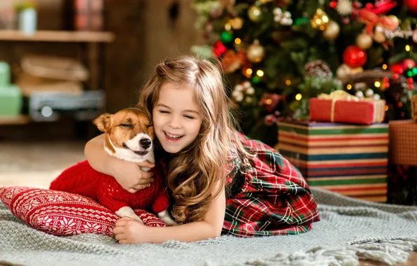 Joy, tree, dog, girl, gifts, New year