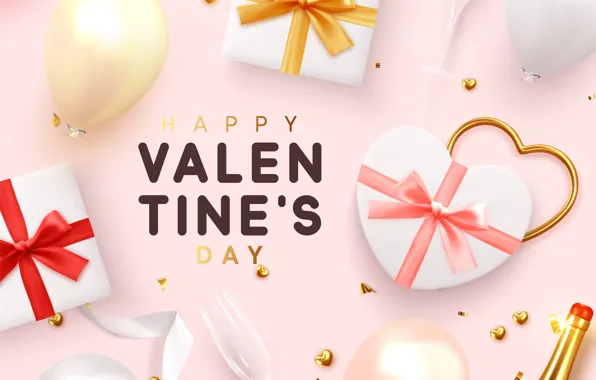 Balls, background, pink, glasses, gifts, hearts, champagne, Valentines Day