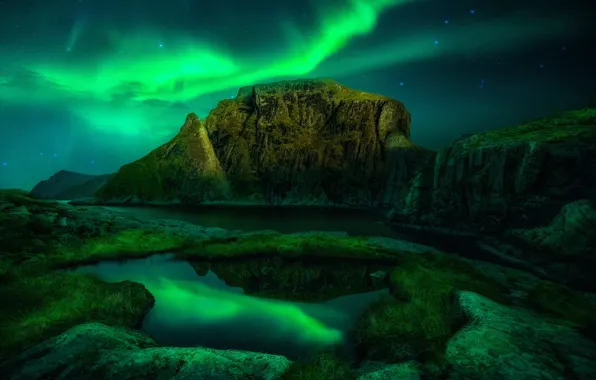 The sky, night, stones, rocks, Northern lights, pond, polar lights, rocky shore
