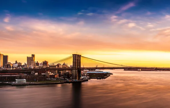 The sky, bridge, dawn, coast, Bay, USA, Brooklyn