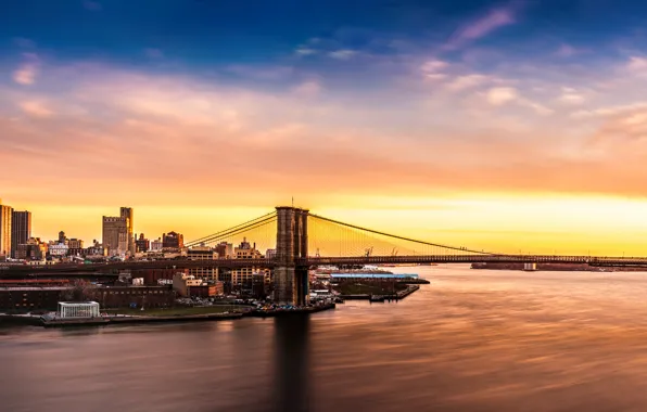 Picture the sky, bridge, dawn, coast, Bay, USA, Brooklyn