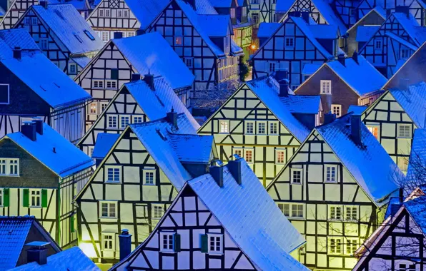 Winter, roof, lights, Windows, home, the evening, Germany, North Rhine-Westphalia