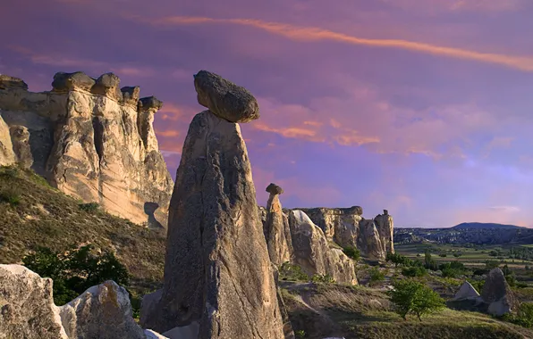The sky, grass, clouds, light, trees, mountains, nature, stones