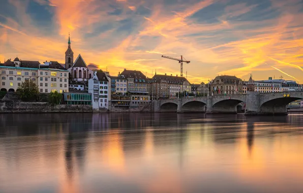 Sunset, bridge, river, building, home, Switzerland, Switzerland, Basel