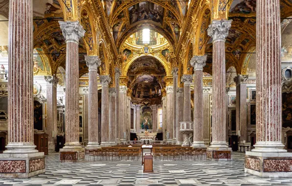 Italy, columns, bench, Basilica, Genoa, the nave, Santissima Annunziata del Vastato