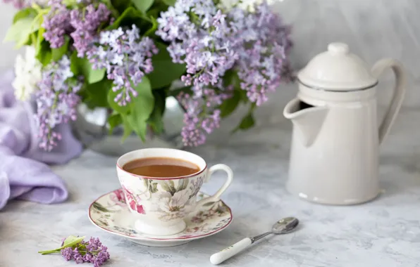 Coffee, bouquet, kettle, Cup, vase, lilac, Karina Klachuk