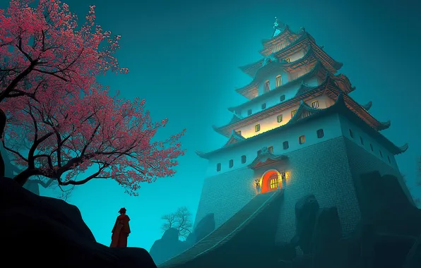 Fantasy, flowers, tree, Castle, digital art, artwork, architecture, fantasy art