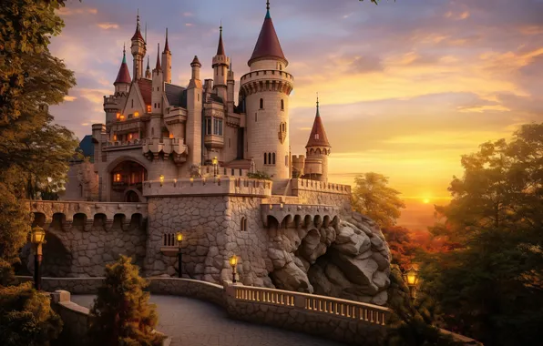 Autumn, sunset, castle, landscape, autumn, castle, ancient