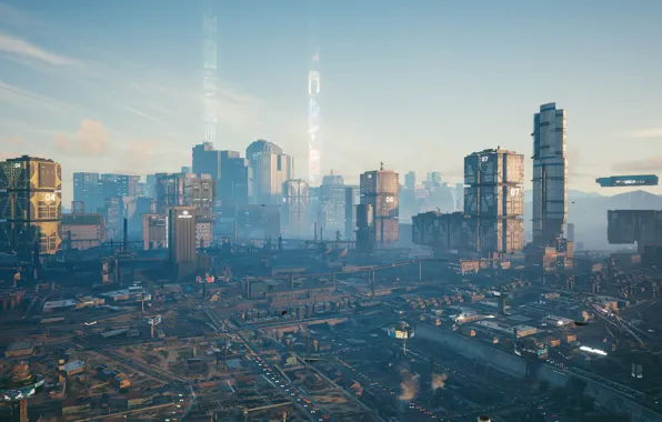 City skyline, daytime, cyberpunk 2077