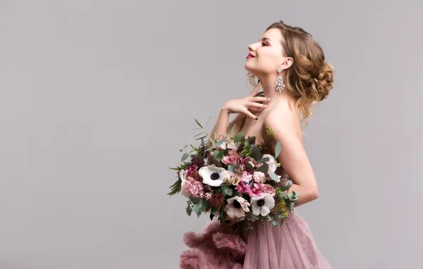 Girl, flowers, background, mood, bouquet, earrings, makeup, dress