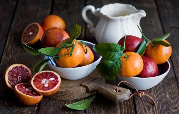 Picture leaves, Board, oranges, dishes, citrus, bowls, the milkman