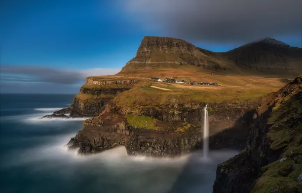 Wallpaper sea, rocks, shore, waterfall, house, The Faroe Islands for ...