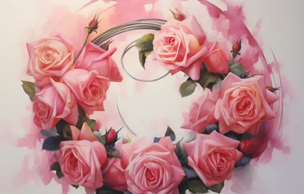 Flowers, roses, round, pink, painting, composition, imitation painting, AI art