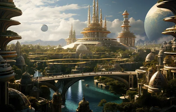 The sky, clouds, bridge, the city, castle, fiction, planet, tower