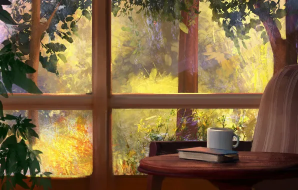 Garden, window, Cup, book, table, art, Mandy Jurgens, kresto