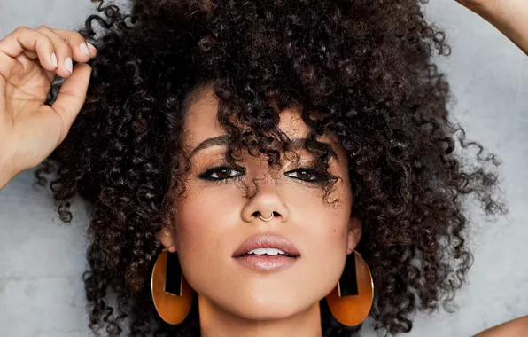 Face, portrait, piercing, actress, curls, Nathalie Emmanuel