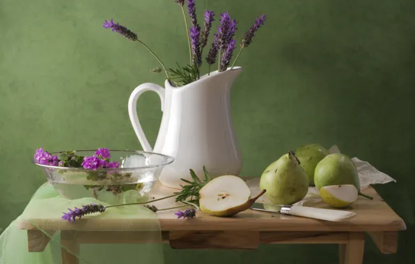 Flowers, table, knife, pitcher, still life, pear, lavender