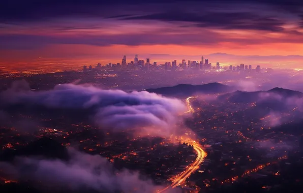 Road, the sky, clouds, sunset, mountains, the city, lights, fog